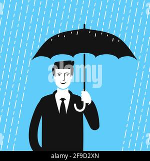 Uomo con ombrello e pioggia. Concetto aziendale in un'illustrazione vettoriale in stile piatto Illustrazione Vettoriale