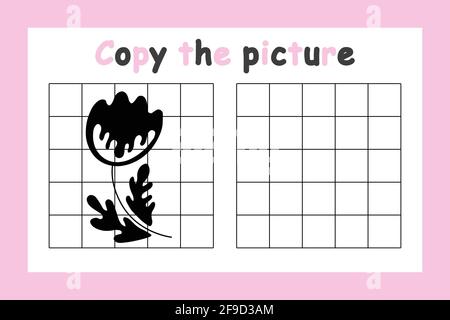 Copiare la foto. Gioco educativo per bambini. Bel fiore. Attività di disegno per bambini. Illustrazione vettoriale colorata Illustrazione Vettoriale