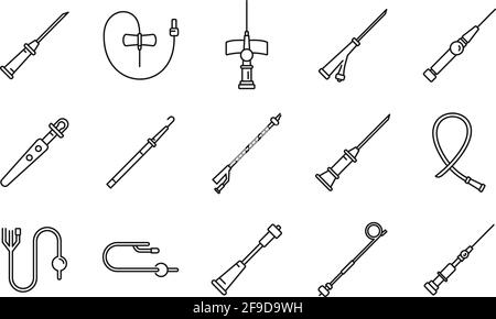 Set di icone per cateteri medicali, stile contorno Illustrazione Vettoriale