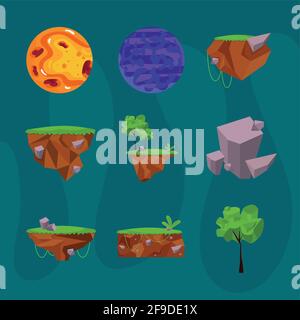nove icone di videogiochi forestali Illustrazione Vettoriale