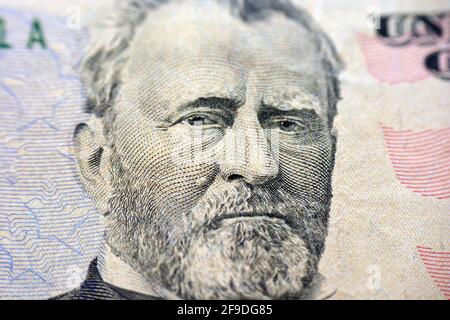 Ritratto di Ulysses S. Grant sulla banconota di 50 dollari, cinquanta dollari americani sfondo, fuoco selettivo, banconote in dollari degli stati uniti Foto Stock