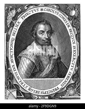 Ritratto del soldato Charles-Bonaventure de Longueval, Conte di Bucquoy. Varie armi e strumenti di navigazione intorno al telaio. Foto Stock