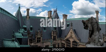 I tetti del palazzo Biltmore con un gargoyle di pietra in primo piano Foto Stock