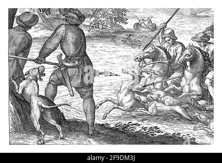 Paesaggio con due cavalieri e tre cani in un fiume. I cavalieri puntano le loro lance verso un cervo. Sulla riva sinistra, due cacciatori e un cane, visto da dietro Foto Stock