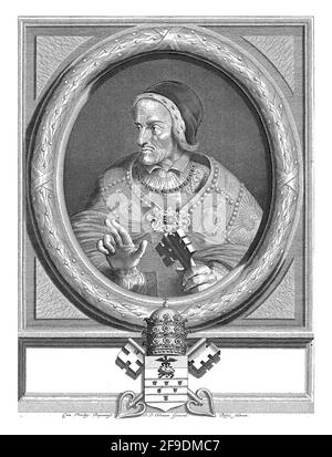 Ritratto in cornice ovale di Papa Innocenzo V. Busto a sinistra. Indossa la veste papale e sulla sua testa un cappuccio (skullcap) rifinito con ermine. Foto Stock