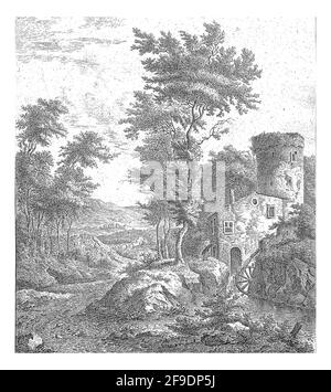 Un fiume che corre in discesa con alberi su entrambi i lati. A sinistra una casa con una torre e una ruota d'acqua. Sullo sfondo una valle con un ponte o aque Foto Stock