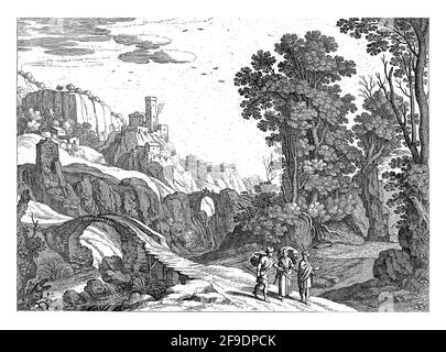 In un paesaggio italiano, con due ponti ad arco su un fiume, la passeggiata Emmaus. Cristo cammina tra loro. Dalla storia della Bibbia in Luc. 24: 13-27. Foto Stock