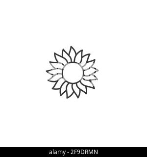 Sole con raggi petali icona. Simbolo piatto. Fiore di sole con petali curvi. Illustrazione vettoriale. Bianco e nero. Profilo spesso. Cartello estivo. Illustrazione Vettoriale