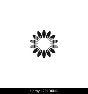 Icona piatta nera di girasole. Fiorisce con petali grandi e affilati e nucleo rotondo. Isolato su bianco. Illustrazione vettoriale. Stile ecologico. Simbolo del fiore della natura. Illustrazione Vettoriale