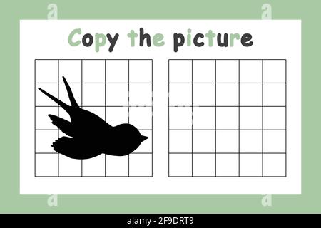 Copiare la foto. Gioco educativo per bambini. Cute inghiottire. Attività di disegno per bambini. Illustrazione vettoriale colorata Illustrazione Vettoriale