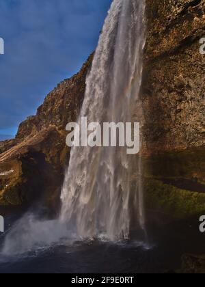 Bella vista laterale della famosa cascata Seljalandsfoss sulla costa meridionale dell'Islanda vicino alla circonvallazione con colorato arcobaleno in serata. Foto Stock