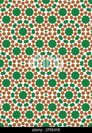 Ornamento geometrico senza cuciture basato su arte islamica tradizionale colori verde, marrone e bianco. Illustrazione Vettoriale