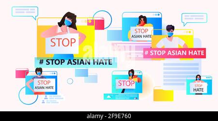 fermare gli attivisti asiatici di odio in maschere che protestano contro il razzismo dentro le finestre del browser web supportano le persone durante il coronavirus Illustrazione Vettoriale