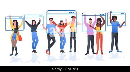 mixa amici di corsa nelle finestre del browser web che chattano durante il video chiama la comunicazione online della conferenza virtuale Illustrazione Vettoriale