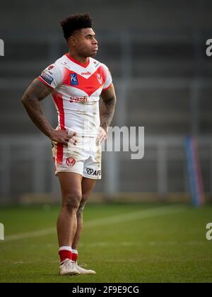 St Helens vs Wakefield Trinity, R3 Super League, 16 aprile 2021. Kevin Naiqama di St. Helens Foto Stock