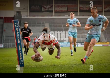 St Helens vs Wakefield Trinity, R3 Super League, 16 aprile 2021. Foto Stock