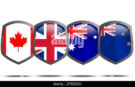 Un'Unione politica ed economica di Canada, Australia, Nuova Zelanda e Regno Unito, scudi con flagsolati bianchi Foto Stock