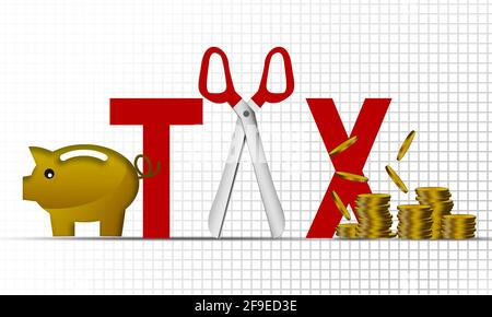 Un concetto di tassazione con una parola illustrata di imposta tra a. gettoni isolati su bianco Foto Stock