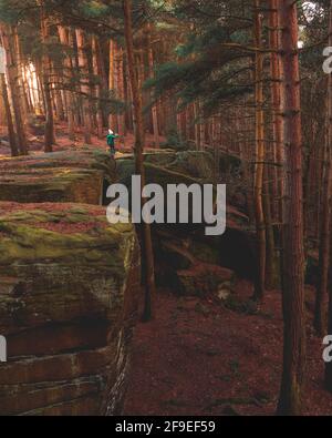 Grandi rocce nel bosco in autunno Foto Stock