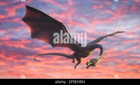 bellissimo drago, creatura fiaba che vola nel cielo (rendering 3d) Foto Stock