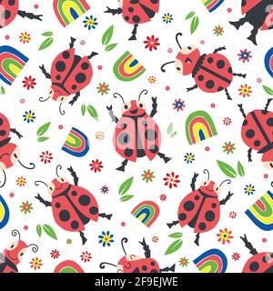 Cute ladybirds e arcobaleni senza cuciture motivo vettoriale sfondo. Cimici da ballo felici in stile disegno infantile. Design in colori primari con Illustrazione Vettoriale