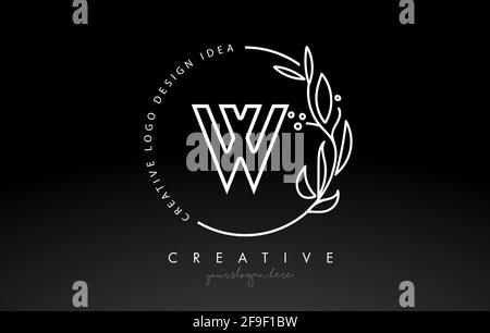 Logo W Letter con design a righe con monogramma floreale e vettoriale a forma circolare. Elegante design botanico in foglia nei colori bianco e nero. Illustrazione Vettoriale