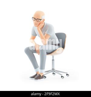 uomo anziano in 3d annoiato seduto sulla sedia, illustrazione isolata su sfondo bianco Foto Stock