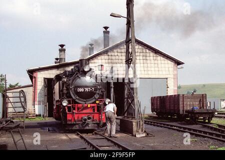 Un treno a scartamento ridotto sulla ferrovia Cranzahl-Oberwiesenthal in 1997 Foto Stock