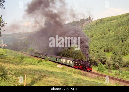 Un treno a scartamento ridotto sulla ferrovia Cranzahl-Oberwiesenthal in 1997 Foto Stock