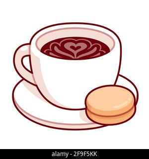 Tazza di latte con biscotti, simpatico disegno di caffè fumetto. Illustrazione della clip art vettoriale isolata. Illustrazione Vettoriale