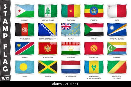 Timbro con modello ufficiale di bandiera del paese e vecchia grana e nome del paese . Forma rettangolare . Vettore . Impostare 11 di 12 su questa serie ( tutti i dati Illustrazione Vettoriale