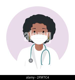 Afro medico americano in maschera medica protettiva contro covid-19. Giovane infermiera nera con stetoscopio e camice bianco. Avatar professionale, profilo Illustrazione Vettoriale