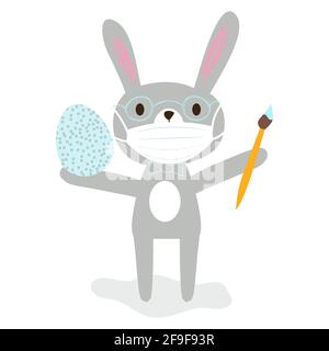 Bel coniglio grigio cartone animato in occhiali con maschera medica protettiva che tiene un pennello e uovo di pasqua. Buona pasqua soggiorno a casa, soggiorno sicuro, soggiorno di salute Illustrazione Vettoriale