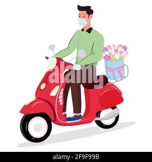 Consegna di bouquet di fiori su sfondo bianco. Il corriere nella maschera medica protettiva e i guanti trasporta i fiori alle persone in quarantena. Sicuro Illustrazione Vettoriale