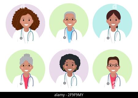 Afroamericano femmina e maschile medico, medico o infermiere avatar set. Personale sanitario. Terapista. Infermiera ospedaliera. Vettore di stile piatto. Nero Illustrazione Vettoriale