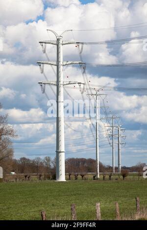 Vicino a Isselburg, a Muensterland, le linee elettriche a 380 kV scorrono su piloni a parete solida, è un progetto pilota dell'operatore del sistema di trasmissione Amprion, Nort Foto Stock