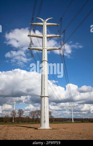 Vicino a Isselburg, a Muensterland, le linee elettriche a 380 kV scorrono su piloni a parete solida, è un progetto pilota dell'operatore del sistema di trasmissione Amprion, Nort Foto Stock