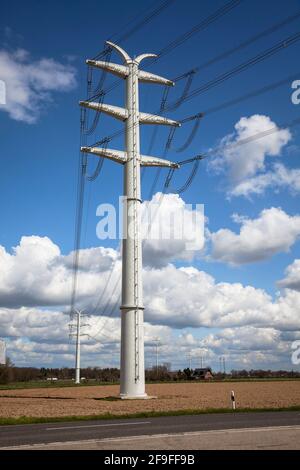 Vicino a Isselburg, a Muensterland, le linee elettriche a 380 kV scorrono su piloni a parete solida, è un progetto pilota dell'operatore del sistema di trasmissione Amprion, Nort Foto Stock