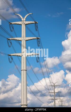 Vicino a Isselburg, a Muensterland, le linee elettriche a 380 kV scorrono su piloni a parete solida, è un progetto pilota dell'operatore del sistema di trasmissione Amprion, Nort Foto Stock