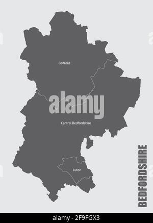 La regione del Bedfordshire mappa isolata divisa in distretti con etichette, Inghilterra Illustrazione Vettoriale