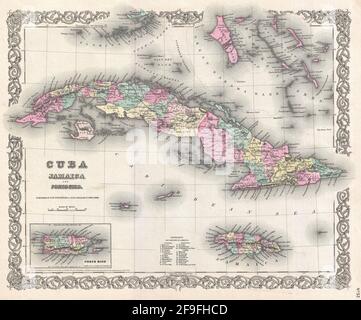 Bella carta di Cuba di Colton disegnata a mano d'epoca dal 1860 con belle mappe colorate e illustrazioni di paesi, regioni e oceani. Foto Stock