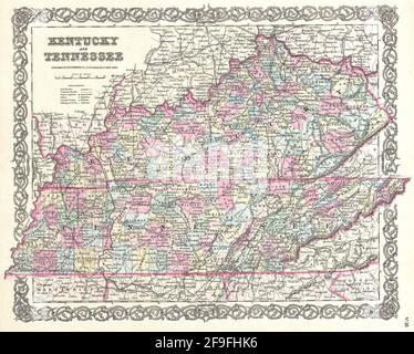 Bella vintage mano disegnata Colton mappa del Tennessee dal 1860 con belle mappe colorate e illustrazioni di paesi, regioni e oceani. Foto Stock