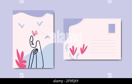 Linea astratta arte ritratto donna con fiori e uccelli per cartolina. Disegno a mano in stile boho e linea elegante art. Illustrazione vettoriale. Illustrazione Vettoriale