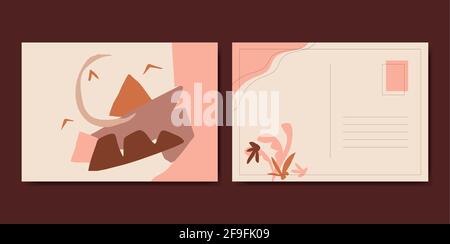 Paesaggio astratto minimalista con luna e uccelli volanti. Grafica vettoriale per cartolina. Moderno stile boho alla moda in tonalita' terrene. Illustrazione Vettoriale