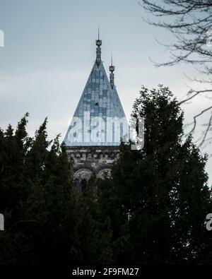 Le torri a campanile della cattedrale di Lund che si erge sopra Alberi in una fredda giornata di primavera a Lund Svezia Foto Stock