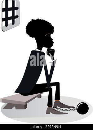L'uomo africano nella figura del carcere. Triste prigioniero africano uomo in grilli è seduto sulla panchina sotto la finestra grattugiante isolato su bianco Illustrazione Vettoriale