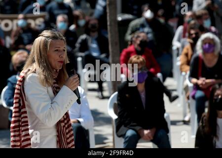 Madrid, Spagna; 18.04.2021.- Yolanda Díaz terzo vice presidente del governo spagnolo, Unito possiamo lanciare la sua campagna per le elezioni regionali della Comunità di Madrid dal quartiere Lavapiés. "Rispettiamo l'ordine e la legge perché è l'unica cosa che gli umili hanno, di fronte all'arroganza, all'egoismo e alle trappole della destra e dell'estrema destra", difende Pablo Iglesias, Leader del partito e che si dimette dalla sua posizione di vice presidente dell'attuale governo, per essere candidato alla Comunità di Madrid, chiede alla sinistra di Madrid di andare a votare sulle elezioni Foto Stock