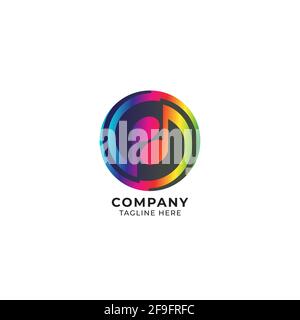 Modello circolare per il design del logo della nota musicale. Logo yinyang con forma ellittica nera dietro. Sfumatura di colore arcobaleno. Illustrazione vettoriale Illustrazione Vettoriale
