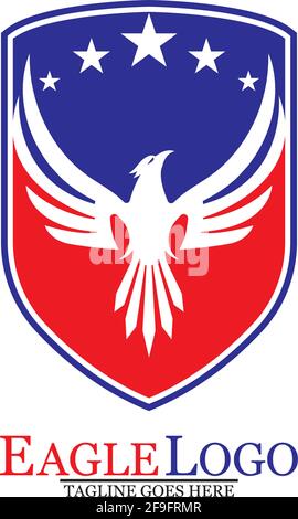 Modello con logo Eagle con uno scudo e stelle. Illustrazione vettoriale. Illustrazione Vettoriale