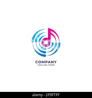 Nota musicale nitida nel mezzo dell'onda vortice. Concetto di logo di musica e sicence. Sfumatura di colore blu magenta rosa. Illustrazione vettoriale isolata Illustrazione Vettoriale